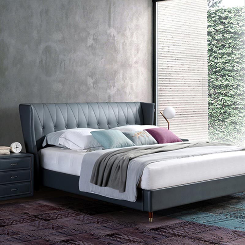 Cama de madeira maciça embrulhada em couro