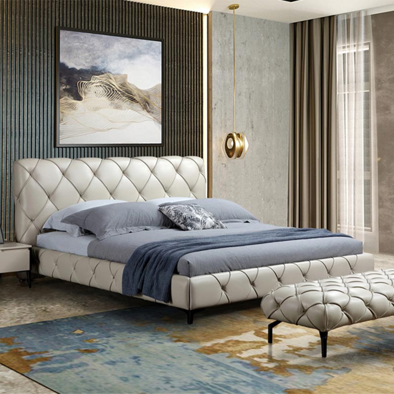 Cama estofada de couro genuíno de luxo italiano